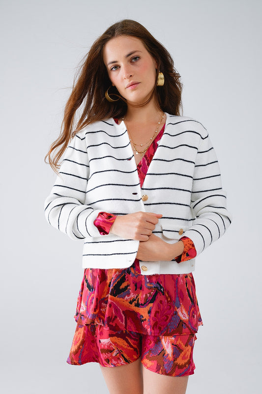 White Button Up Cardigan With Black Stripes and Golden Buttons - Cardigans