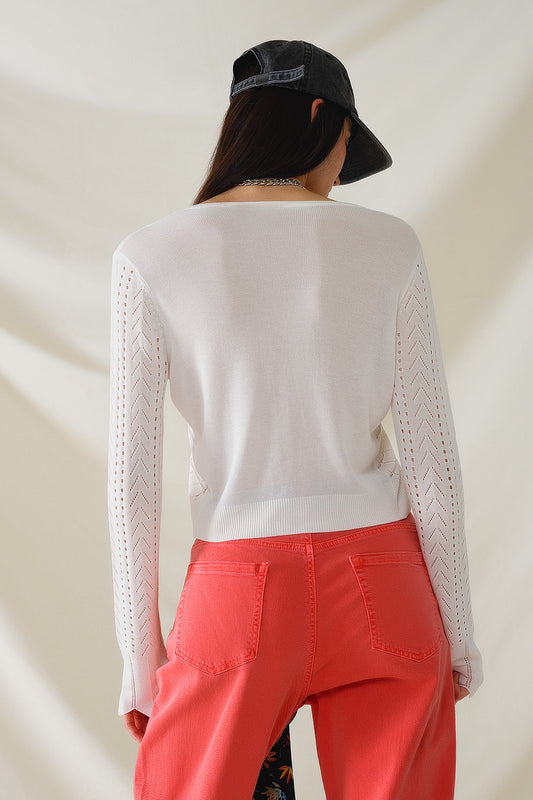 White Cardigan with Argyle Print and Tie Closing - Cardigans