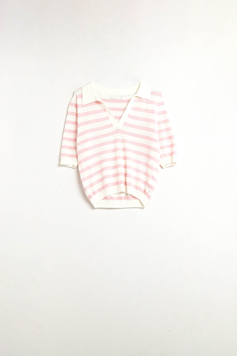 White Crop knitted polo Top with Pink Stripes - Polos