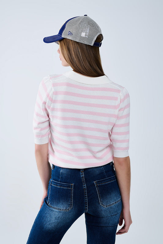 White Crop knitted polo Top with Pink Stripes - Polos