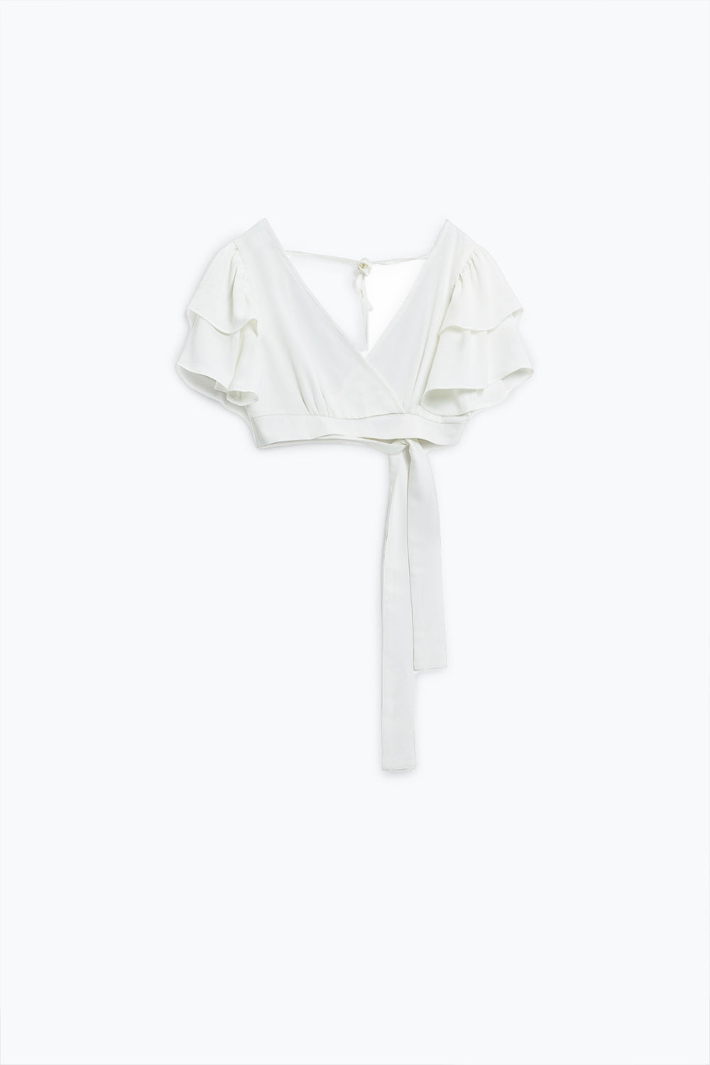 White Crop Top With Short Sleeves And V-neck - Tops