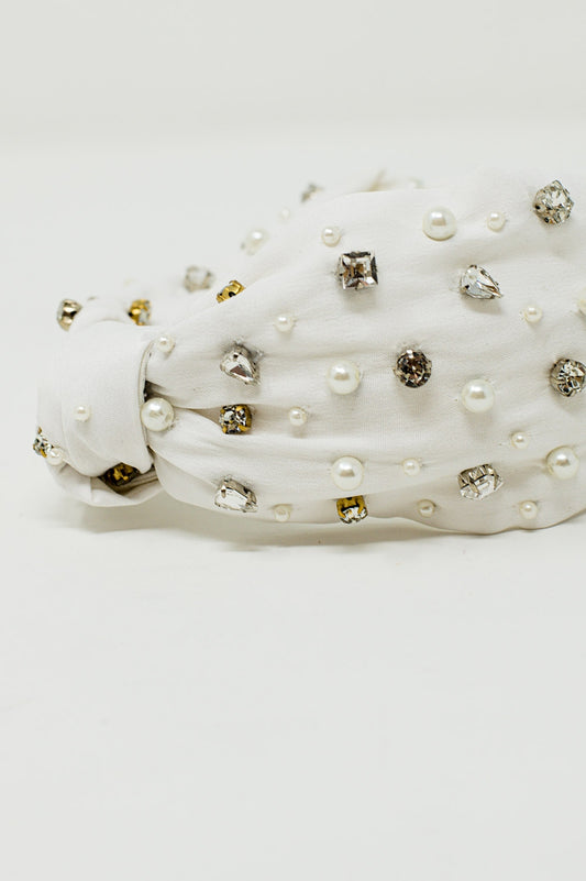 White Headband With Embellished Pearls And Strass - Headbands