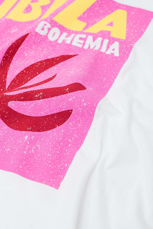 White Ibiza Bohemia Relaxed T-Shirt With Pink Print - T-Shirts