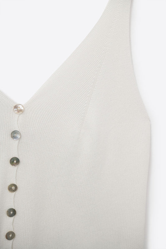 White Knit Buttoned Crop Top - Tops