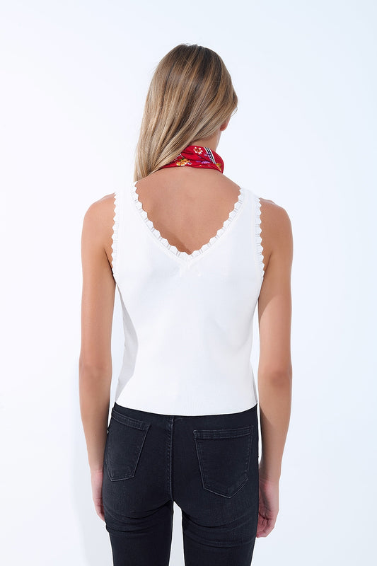 White Knit V-Neck Top with Scalloped Edges - Tops