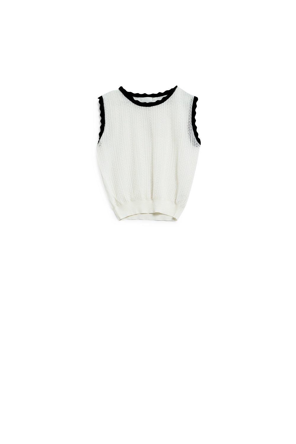white knitted pointelle top with black wavy trim - Jumpers
