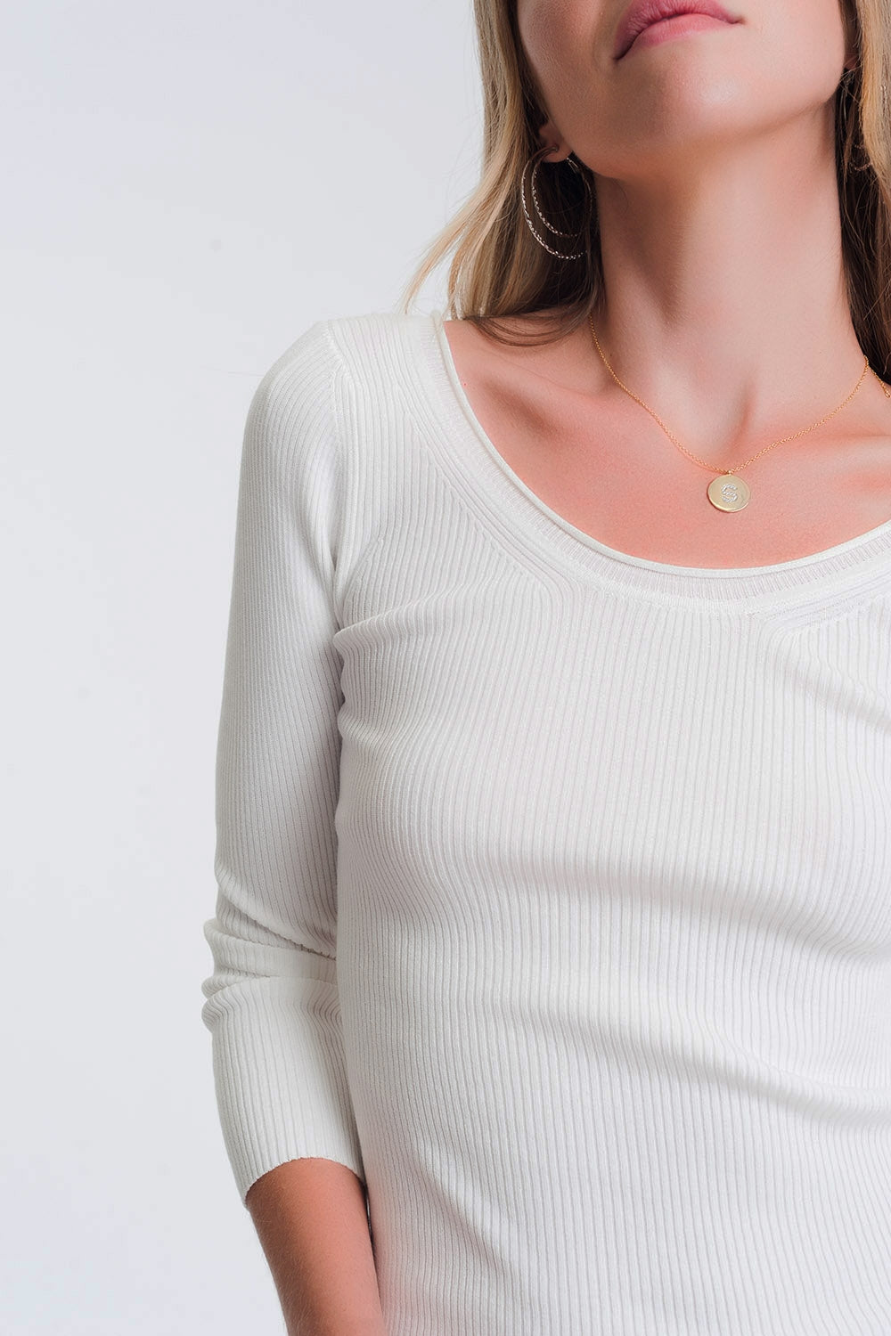 White knitted wide neck sweater - Jumpers