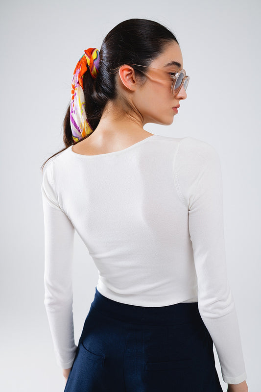 White Long Sleeve Shirt With Knot Detail and V-neck - Jumpers