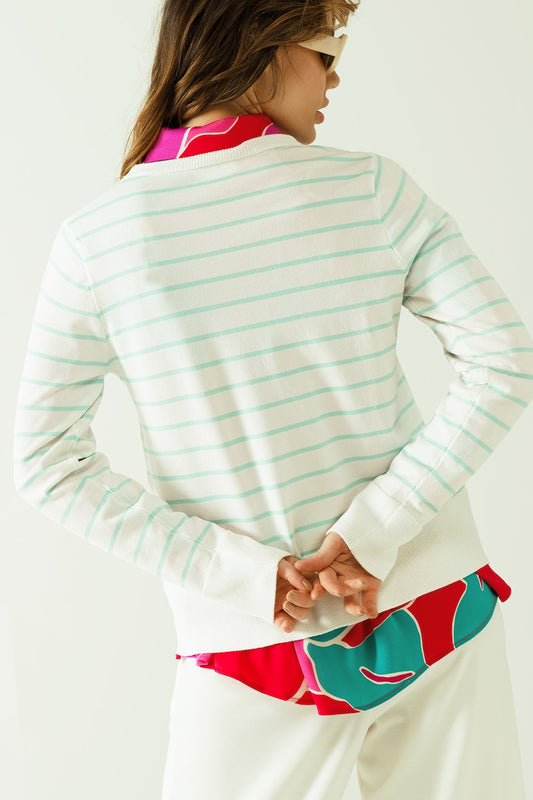 White long sleeves sweater with light green stripes - Jumpers