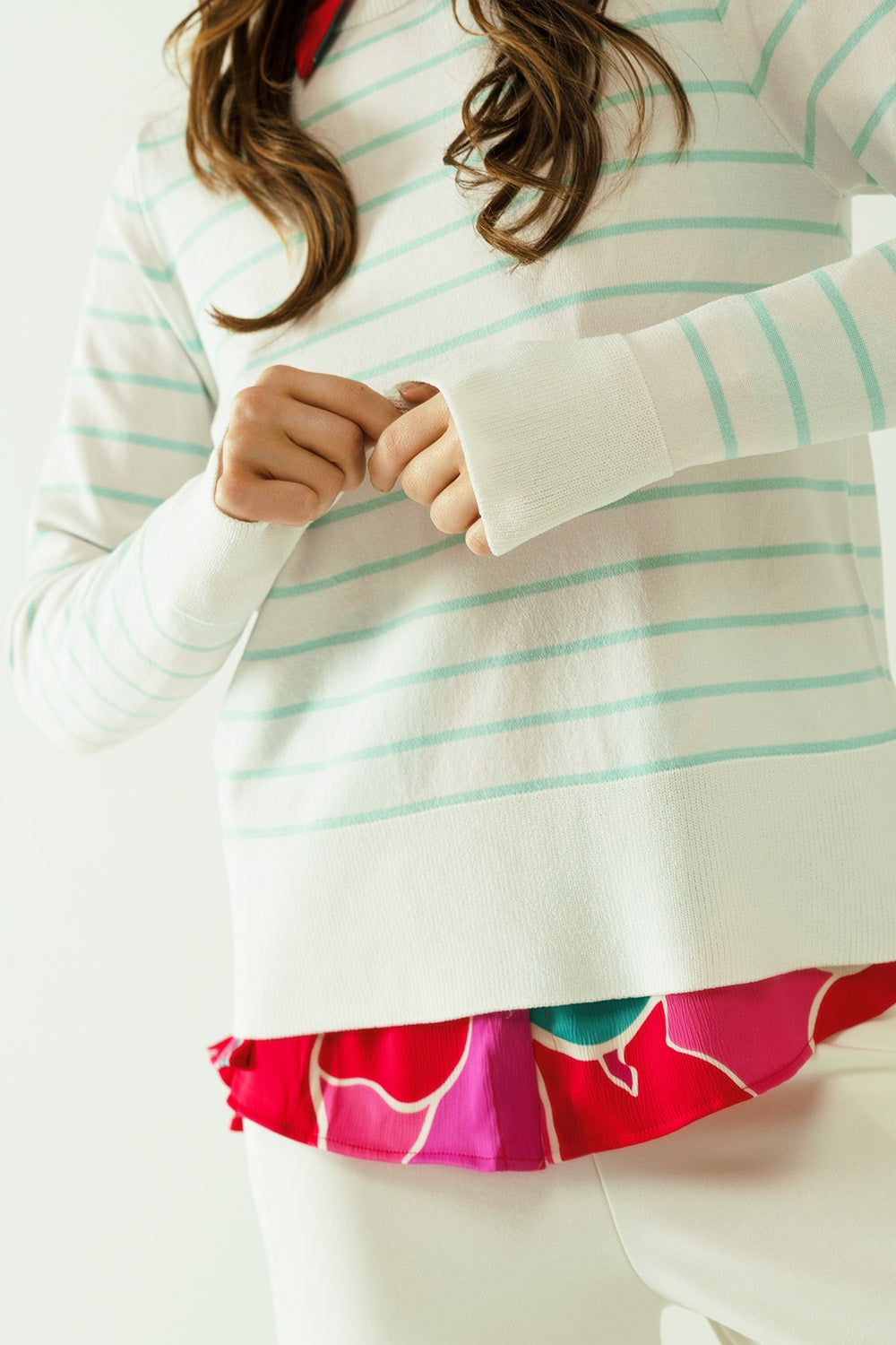 White long sleeves sweater with light green stripes - Jumpers