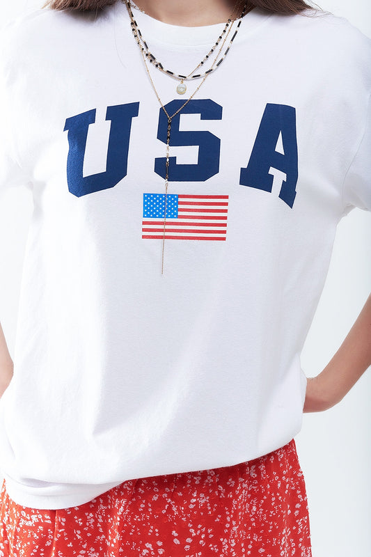 White loose long t-shirt with USA logo - T-Shirts