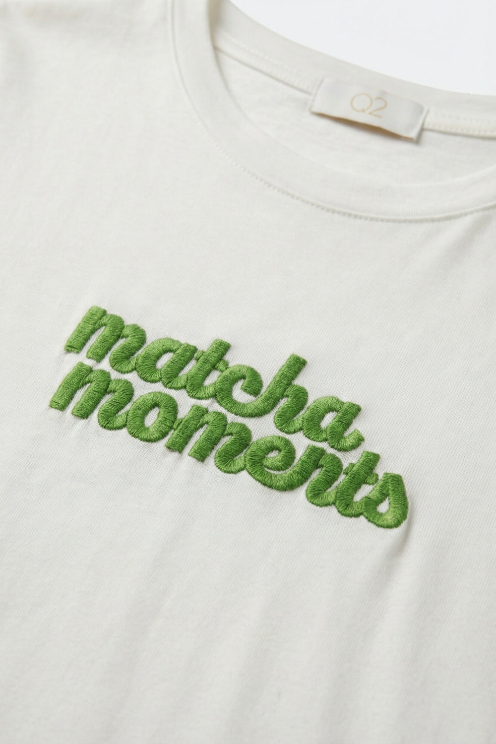 White Matcha Moments Embroidered Tee in Green - Tops