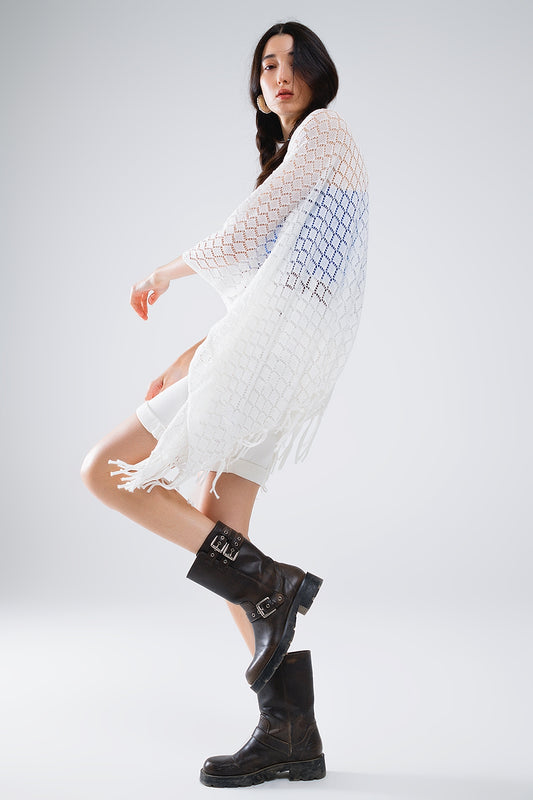 White Open Cardigan With Fringe Ends and 3/4 sleeves - Cardigans