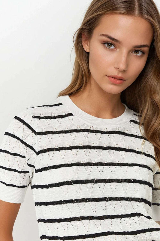 White Openwork Knit Top with Short Sleeves and Black Stripes - Jumpers