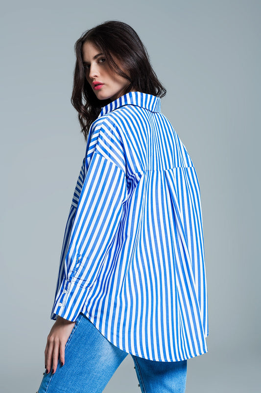 White oversized blouse with vertical stripes in blue and chest pocket - Blouses