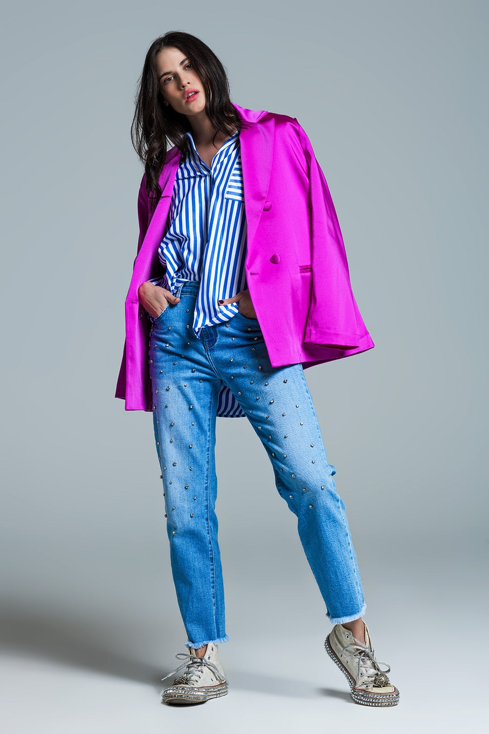 White oversized blouse with vertical stripes in blue and chest pocket - Blouses