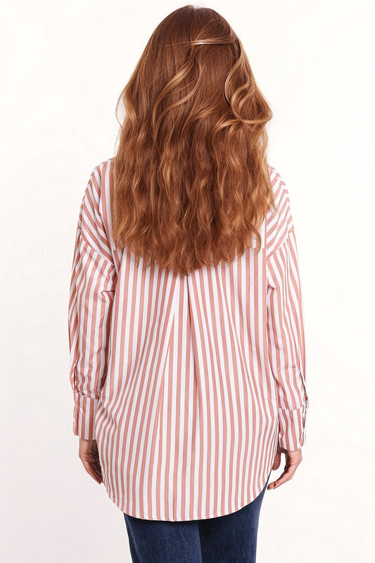 White oversized blouse with vertical stripes in pink and chest pocket - Blouses