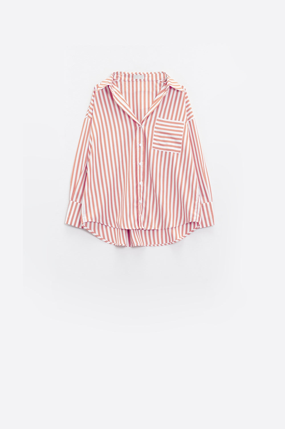 White oversized blouse with vertical stripes in pink and chest pocket - Blouses