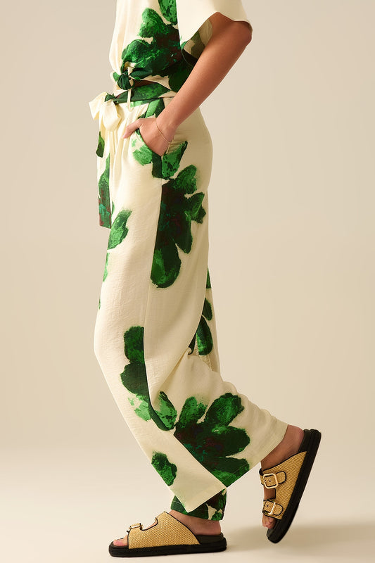 white Palazzo Pants With Green Tropial Flower Print and Matching Belt - Trousers
