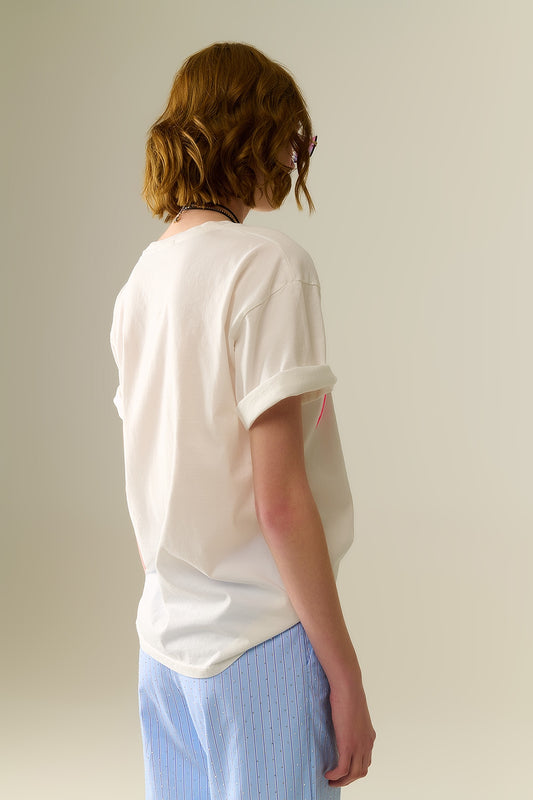 White Paris Relaxed T-shirt with Pink Letters - T-Shirts