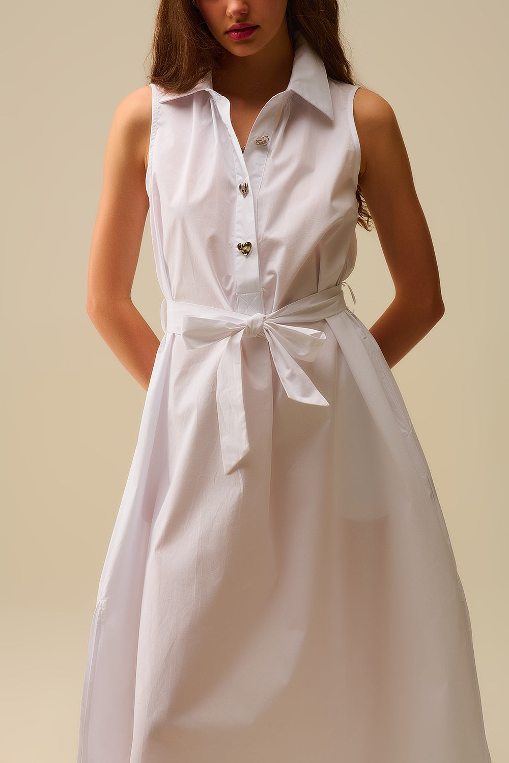 White poplin midi dress with silver heart-shaped buttons - Dresses