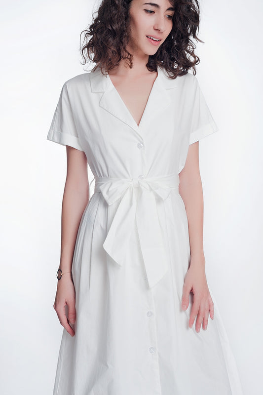 White poplin shirt dress with belt and short sleeve - Dresses