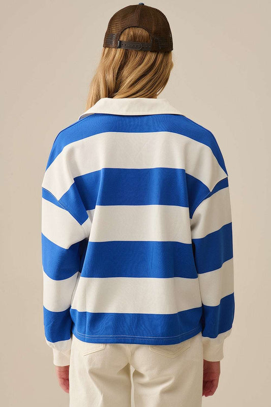 White Relaxed striped polo blouse with Blue Stripes - Polos