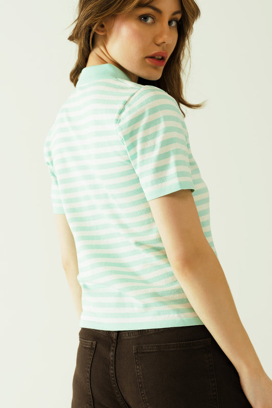 White short sleeves polo shirt with light blue stripes and frontal buttons details - Polos