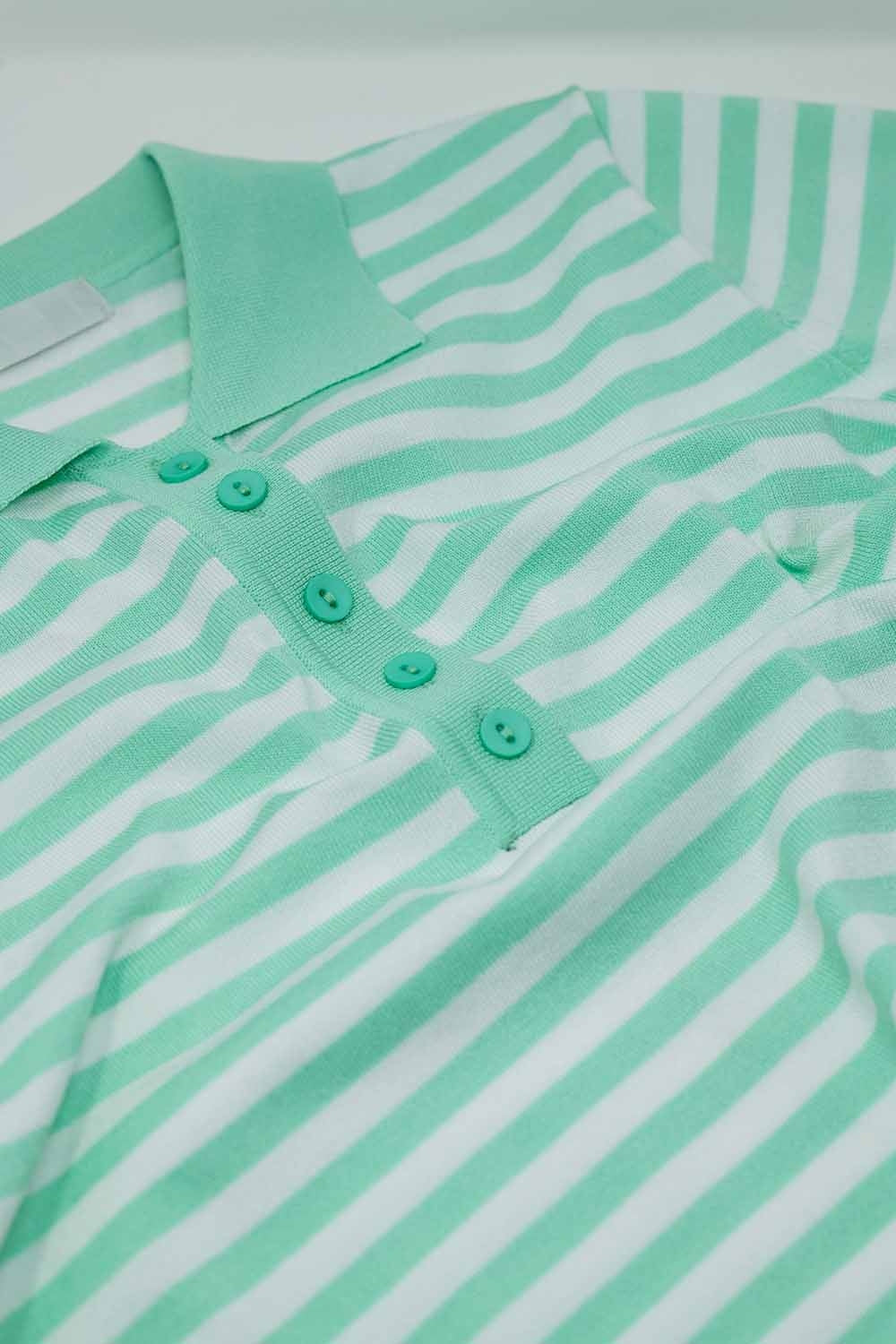 White short sleeves polo shirt with light blue stripes and frontal buttons details - Polos