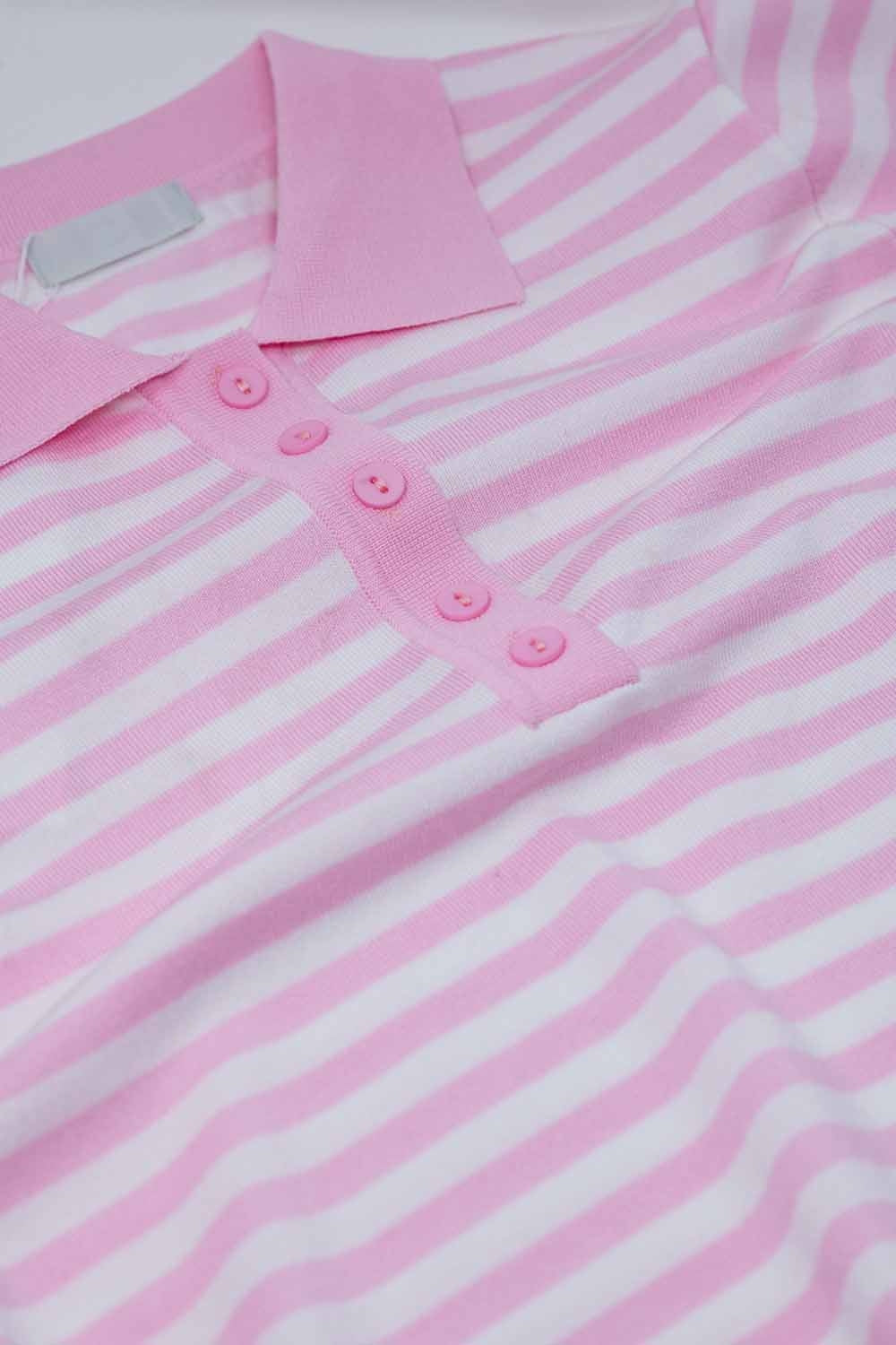 White short sleeves polo shirt with light pink stripes and frontal buttons details - Polos