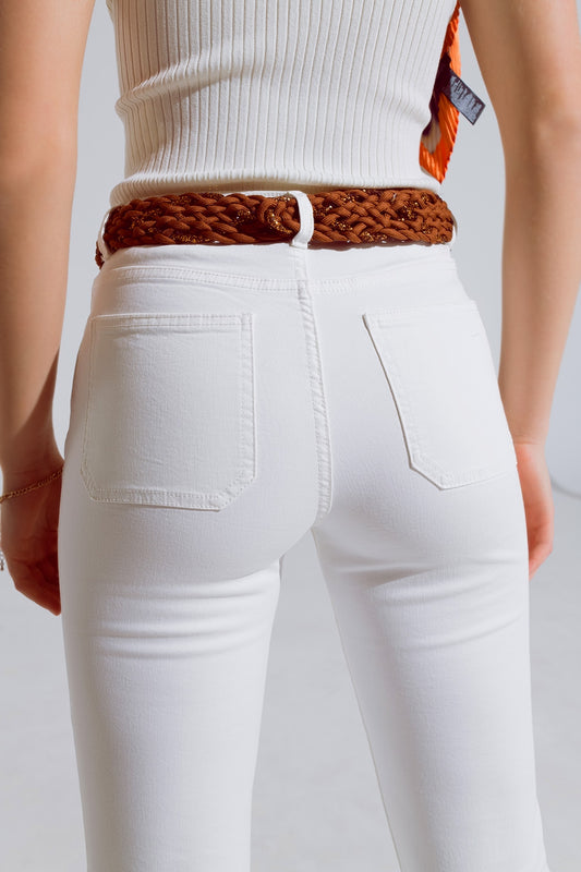 White Skinny Flared Jeans With Front Pocket Detail - Jeans