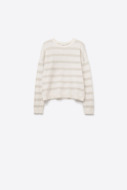 White Striped Knit Sweater with Sequin Detail - Sweaters