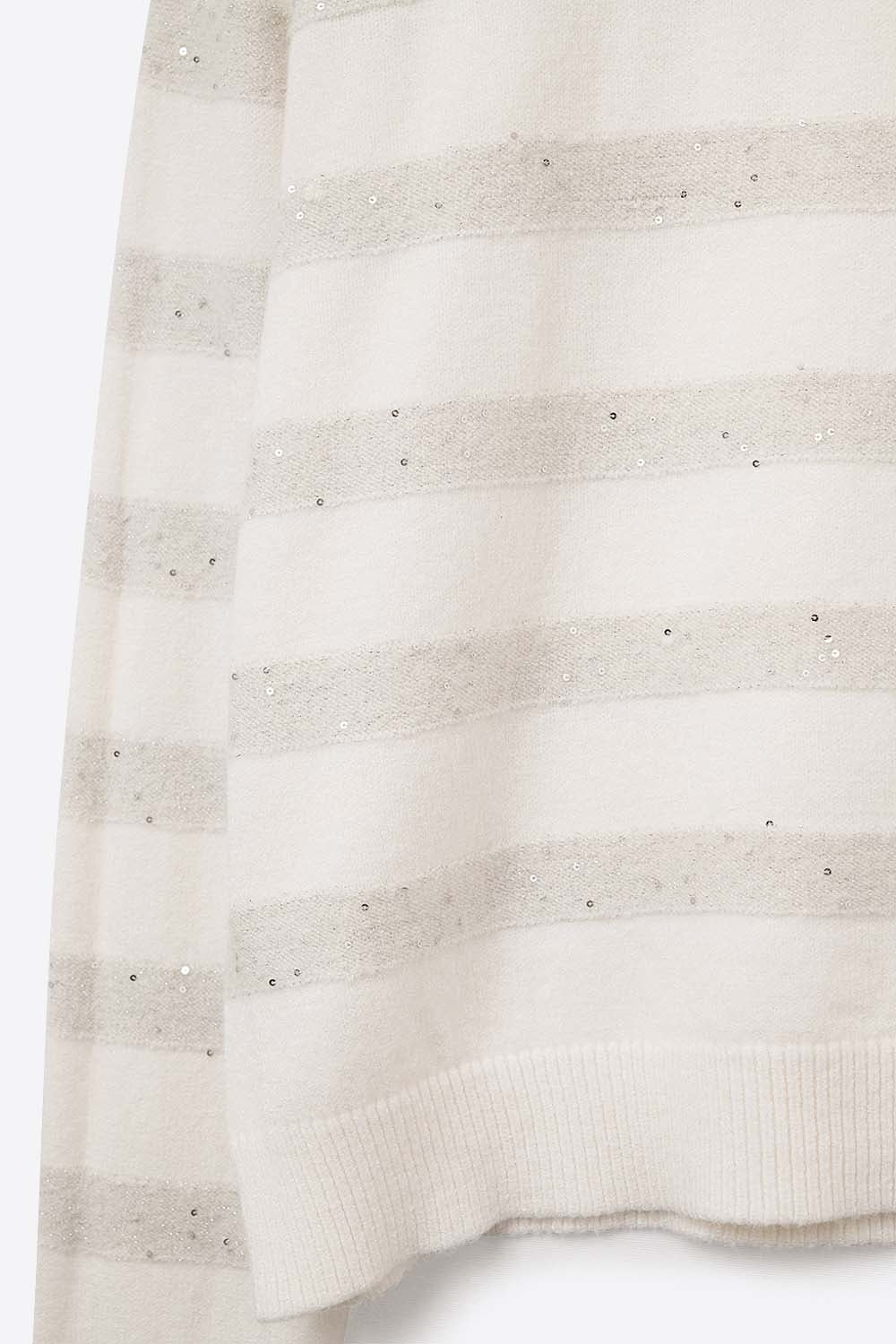 White Striped Knit Sweater with Sequin Detail - Sweaters