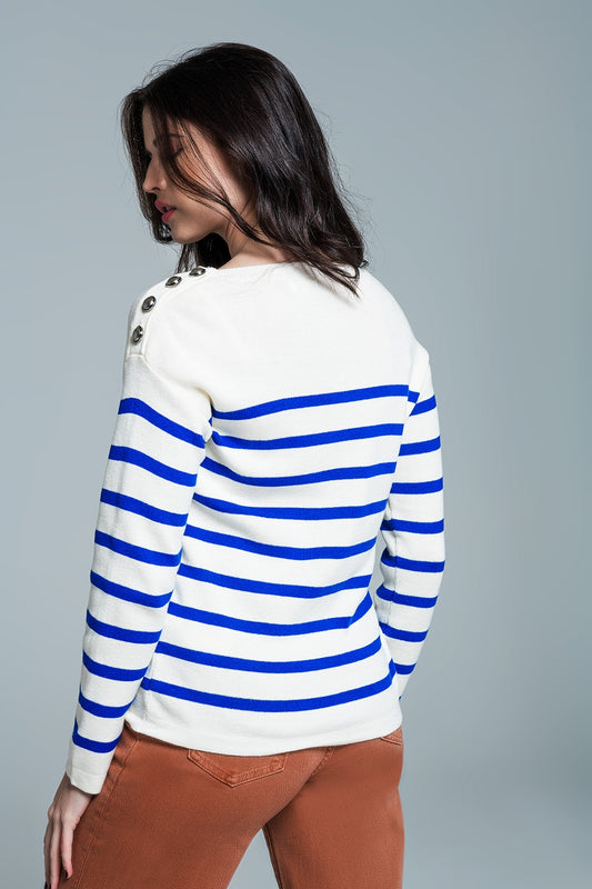 White sweater with buttons on shoulders and blue stripes - Jumpers