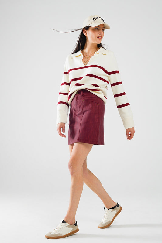 white sweater with dark red stripes and wide v neck - Sweaters