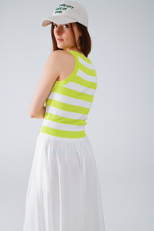 White Tank Top With Wide Stripes in Lime Green - Tank Tops