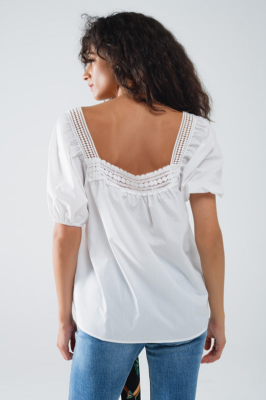 White Top With Square Neckline And Short Sleeves - Tops