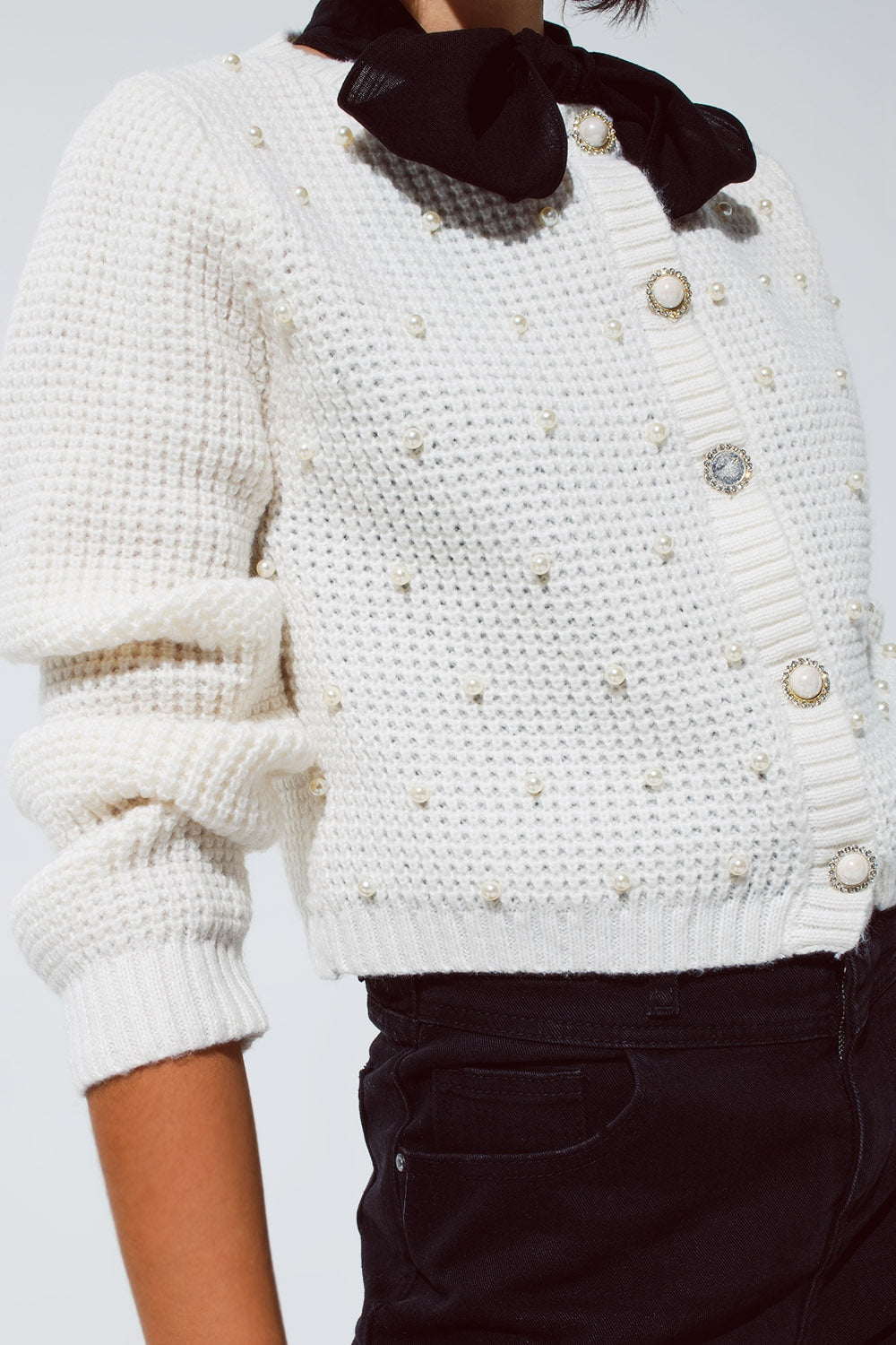 White Waffle Knit Cardigan With Embellished Pearls And Jewelled Buttons In White - Cardigans