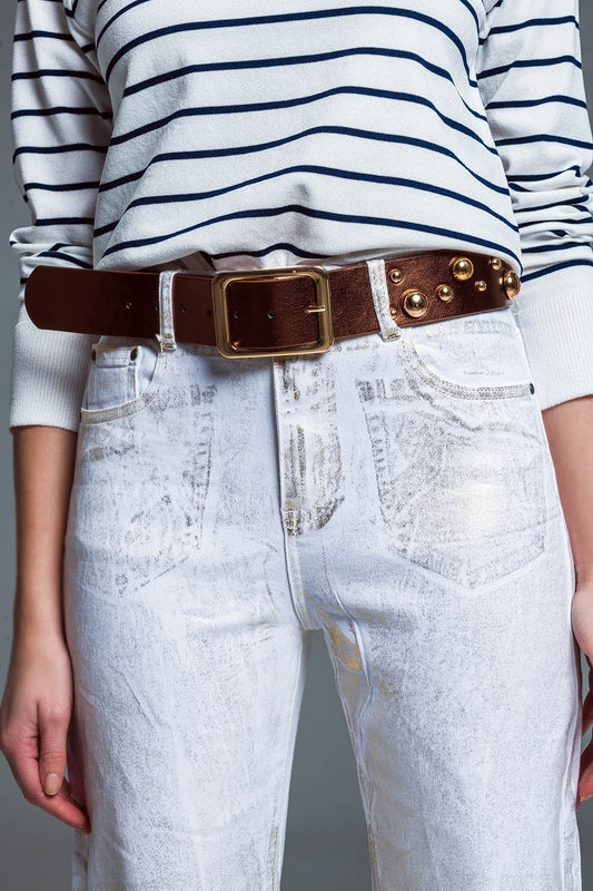 White Wide Leg Jeans With Metallic Finish In Gold - Jeans