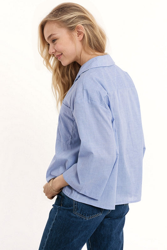 Wide 3/4 sleeves blue shirt with one chest pocket - Shirts