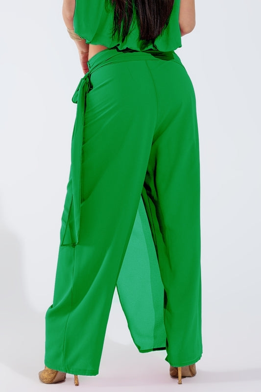 Wide green Pants Overlay Skirt Tied At The Side - Trousers