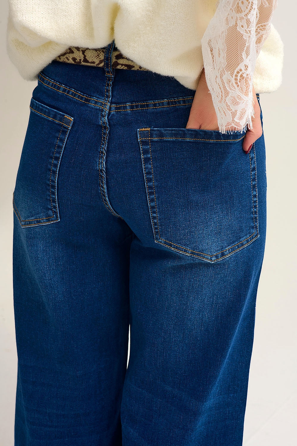 Wide Leg Denim Jeans with Rhinestone Detailing Front - Jeans