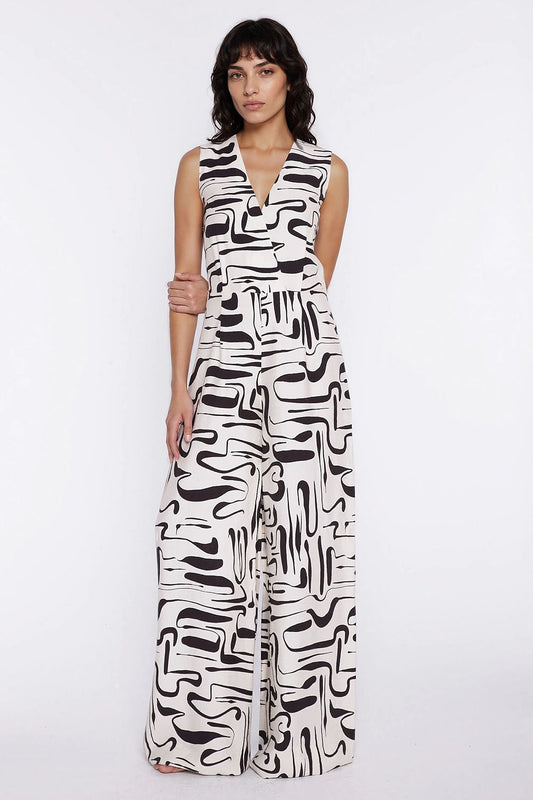 Monochrome Abstract Wide-Leg Jumpsuit - Jumpsuits