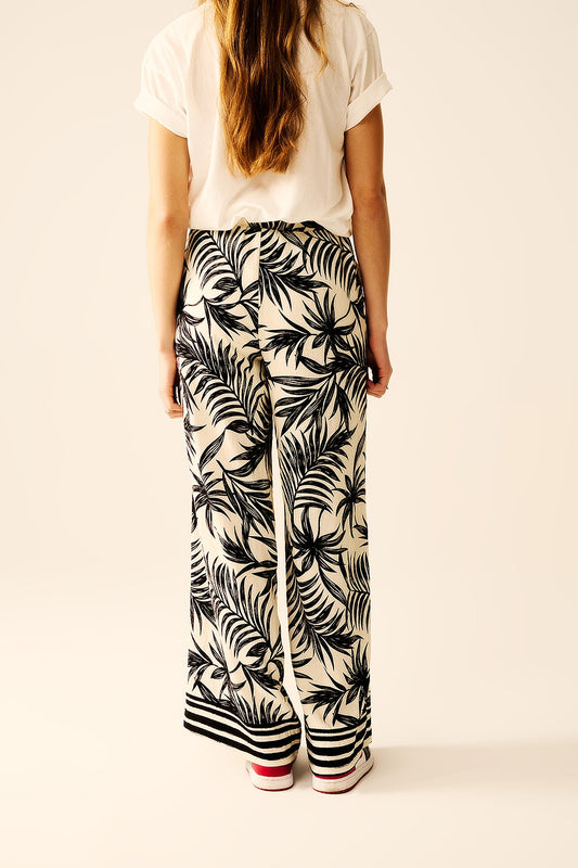 Wide Leg Pants In White With Floral Detail In Black - Trousers