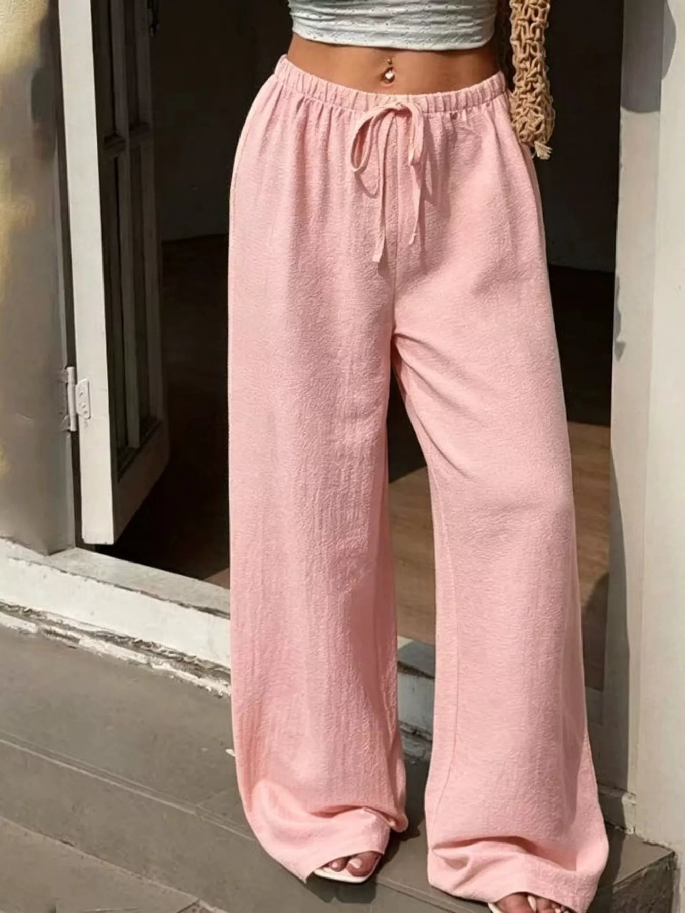 Plus Size Wide Leg Drawstring Pants Pink - Pants