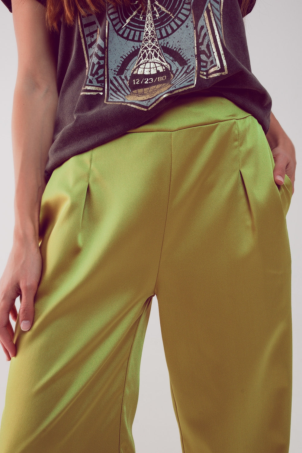 wide leg satin pants in acid lime - Trousers