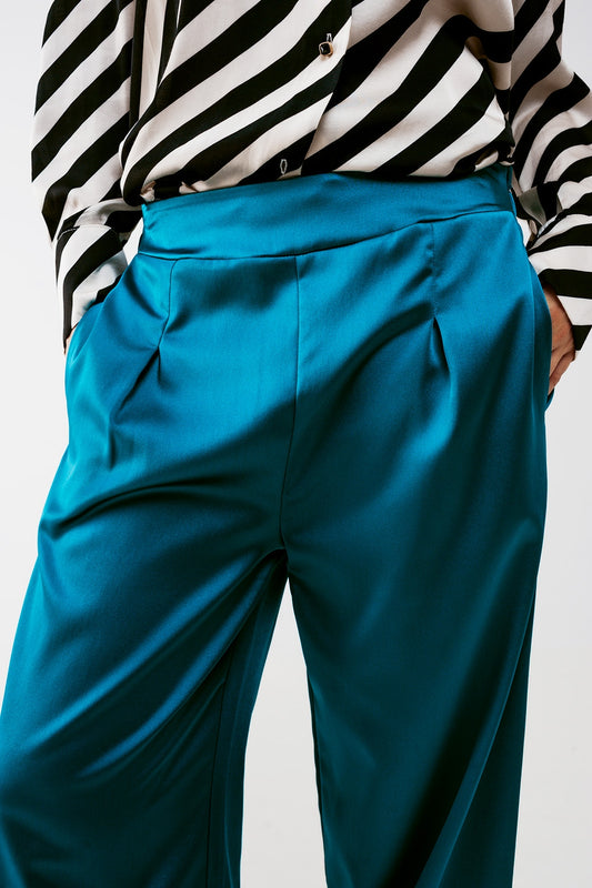 wide leg satin pants in blue - Trousers