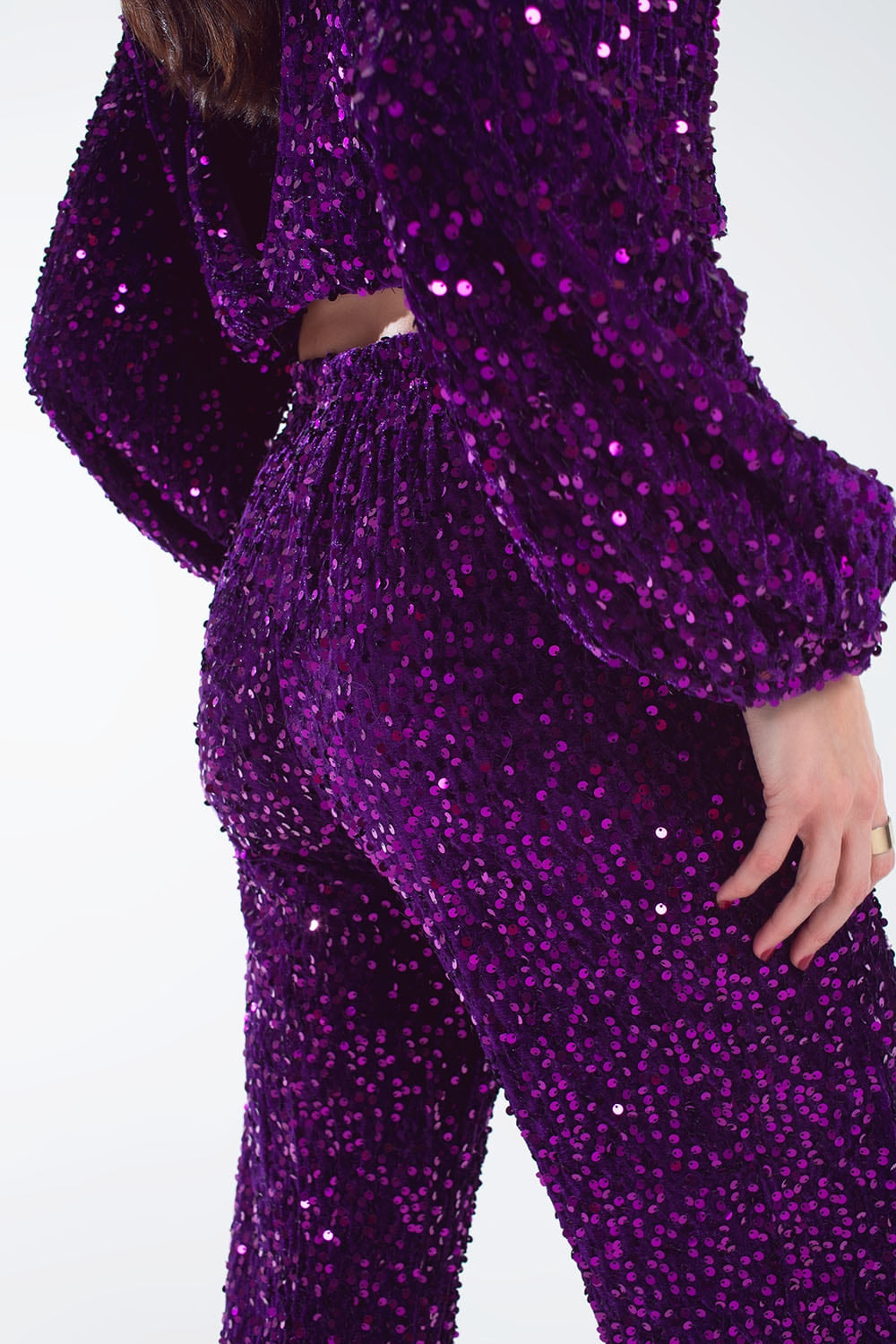Wide Leg Sequin Pants With Side Pockets In Purple - Trousers