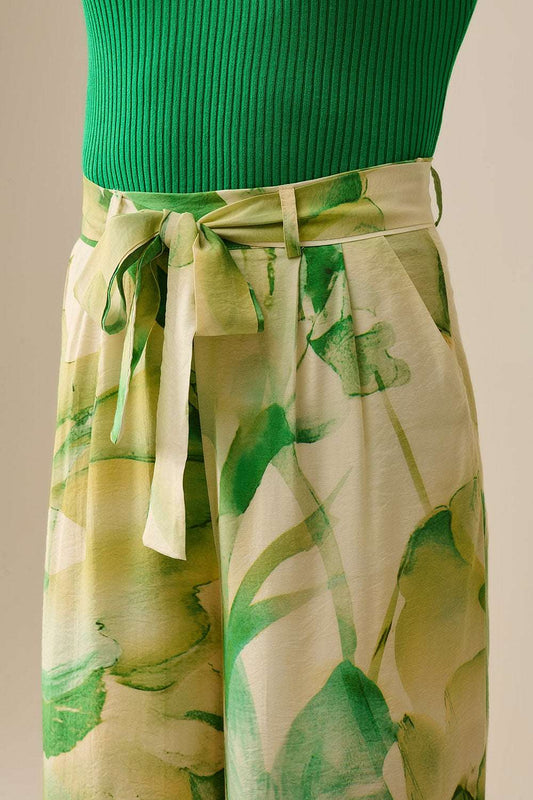 Wide Leg Trousers with Green Watercolor Print - Trousers