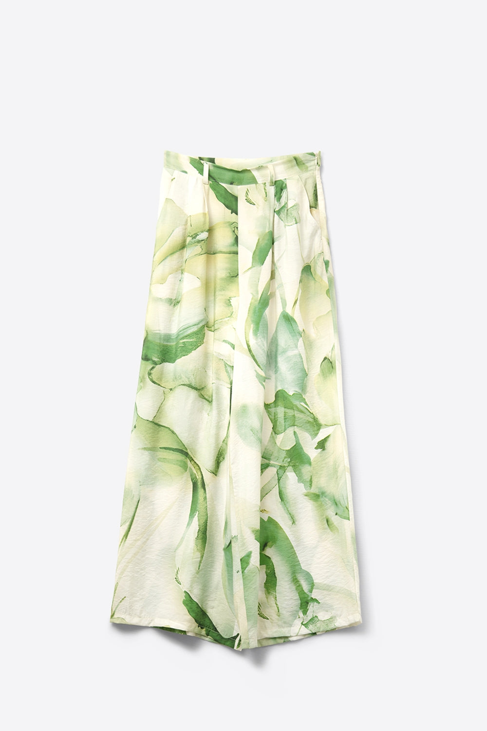 Wide Leg Trousers with Green Watercolor Print - Trousers